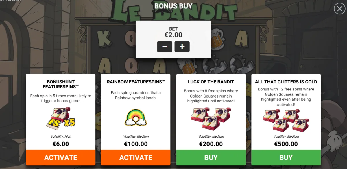 Le Bandit bonuskøb-menu — BonusHunt, Rainbow FeatureSpins, Luck of the Bandit og All That Glitters Is Gold