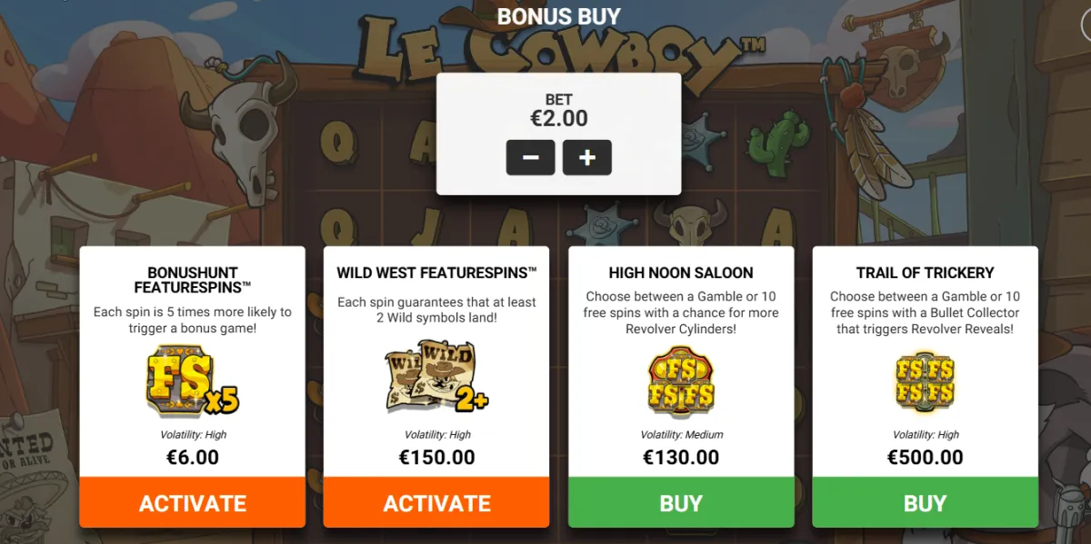 Le Cowboy bonus buy menu — BonusHunt, Wild West FeatureSpins, High Noon Saloon and Trail of Trickery