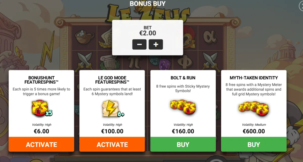 Le Zeus bonuskøb-menu — BonusHunt, Le God Mode, Bolt & Run og Myth-Taken Identity