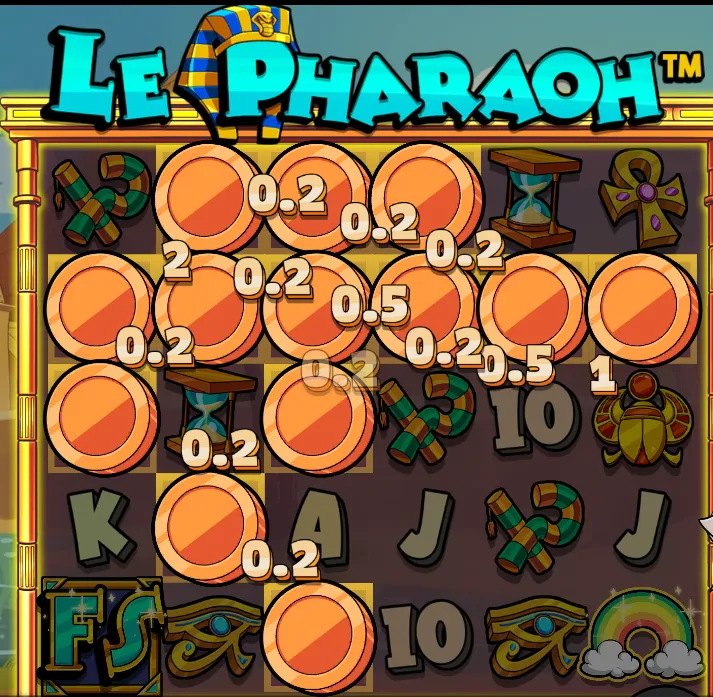 Le Pharaoh Golden Riches — mønter med værdierne 0,2×, 0,5×, 1× og 2× afsløret på pladen