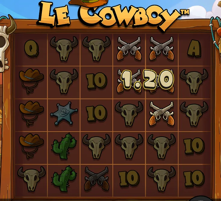 Le Cowboy gameplay — revolvers, sheriff badges and skulls on the 6×5 cluster grid