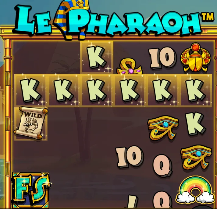 Le Pharaoh gameplay — Golden Squares lyser op på tværs af en række K-symboler med Wild og FS