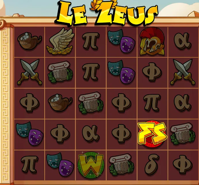 Le Zeus gameplay — græske bogstaver, Wild og FS Mystery-symbol på hjulene
