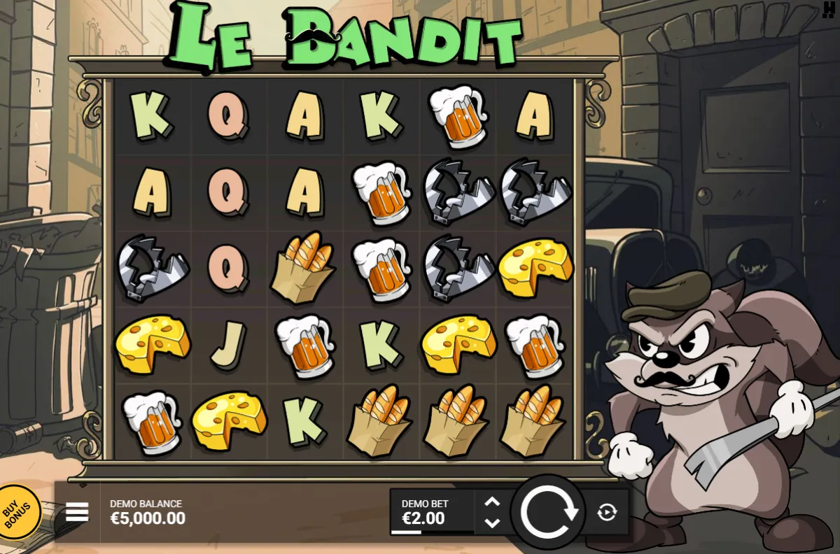 Le Bandit slot-demo — Hacksaw Gaming 6×5 cluster pays-spilleplade med Smokey vaskebjørnen