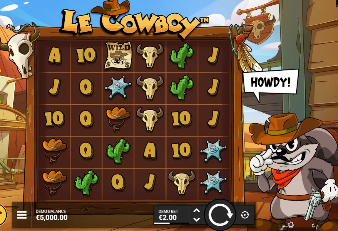 Le Cowboy slot demo — Hacksaw Gaming 6×5 cluster pays grid with Smokey in a Stetson