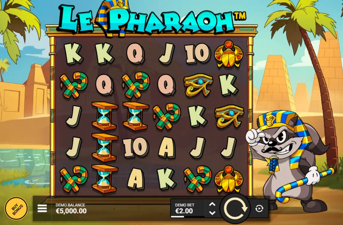 Le Pharaoh slot-demo — Hacksaw Gaming 6×5 plade med Smokey i faraohovedbeklædning