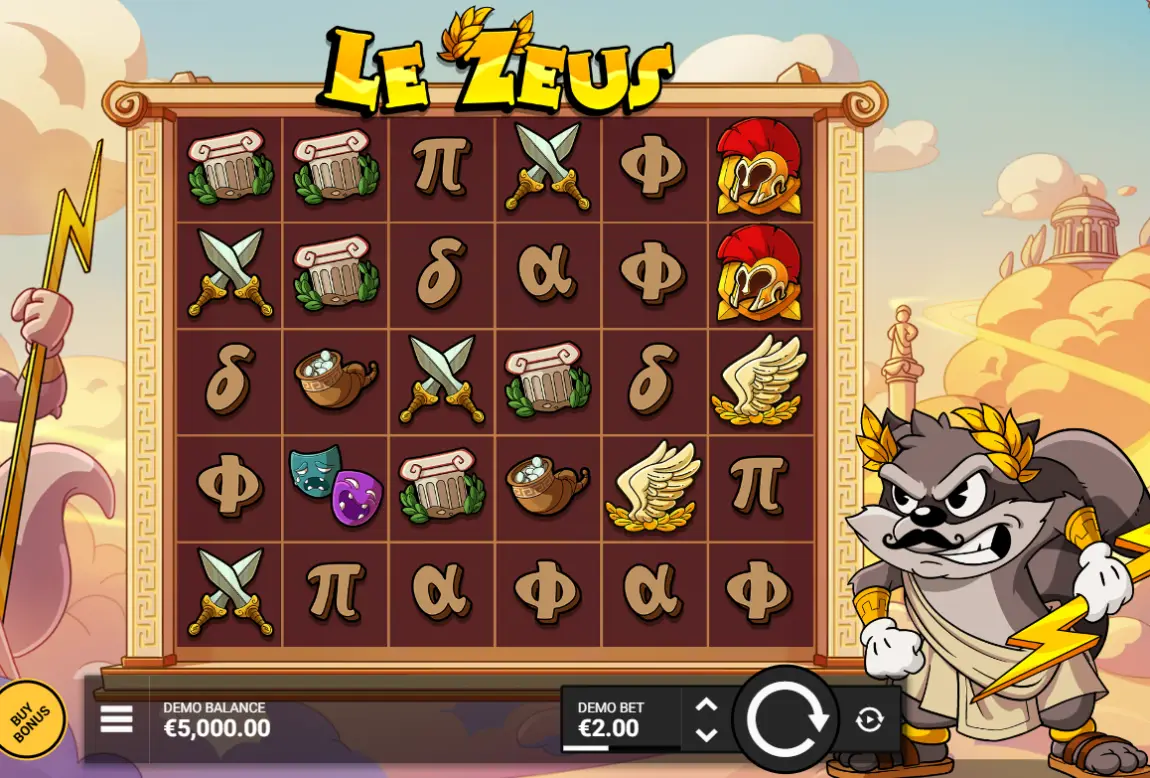 Le Zeus slot-demo — Hacksaw Gaming 6×5 plade med Smokey i toga på Olympen