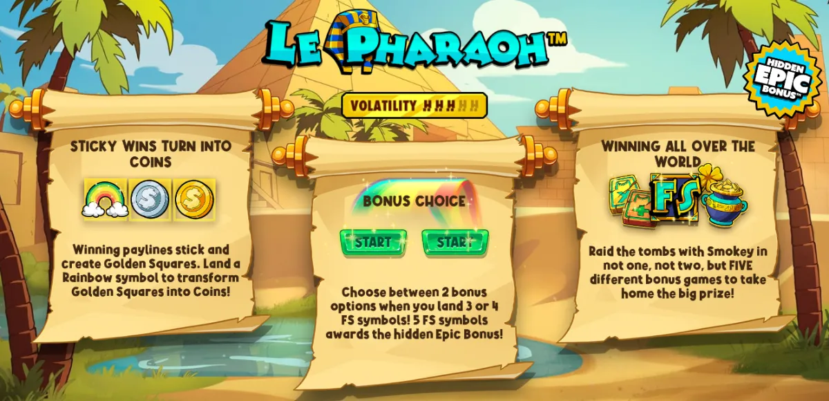 Le Pharaoh funktioner-intro — sticky gevinster bliver til mønter, Bonus Choice og fem bonusspil