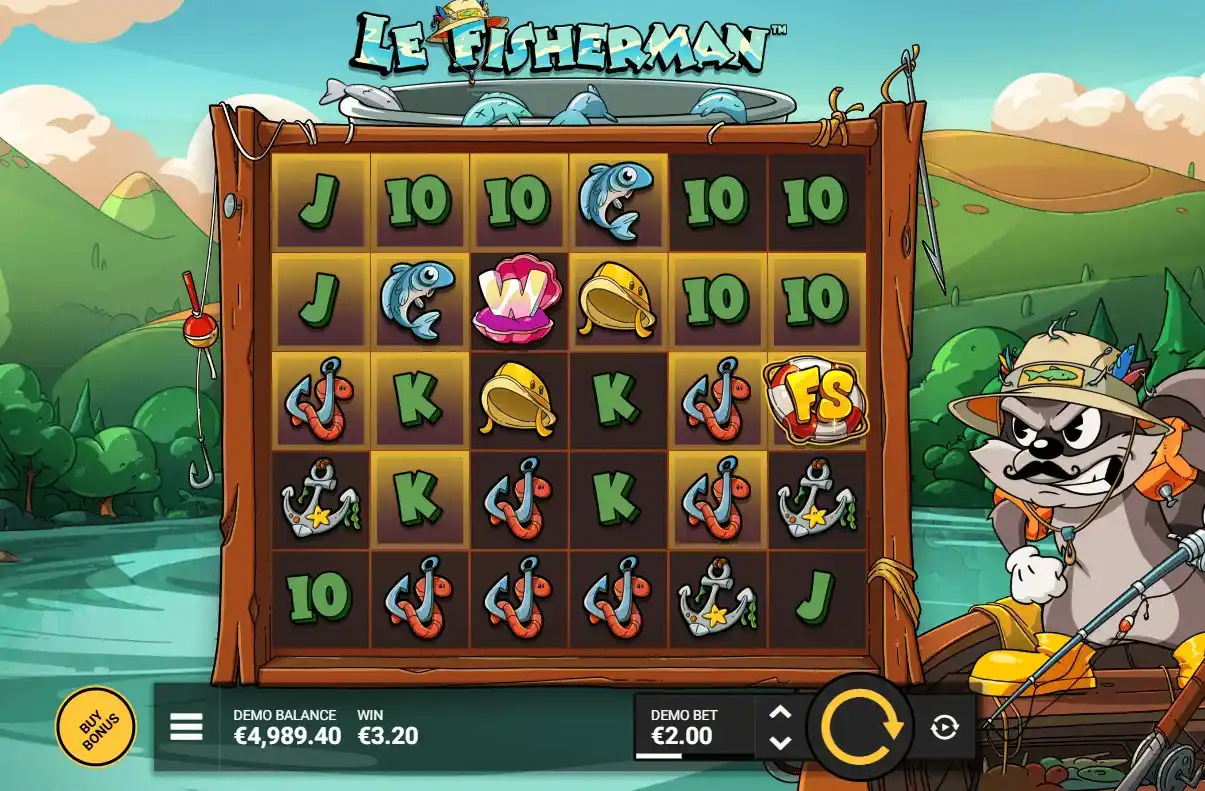 Le Fisherman slot demo — Hacksaw Gaming 6×5 cluster pays grid